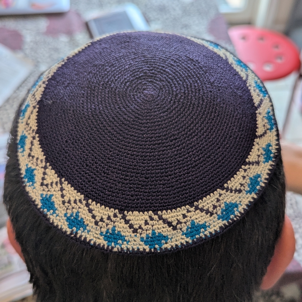 Blue and White Knitted Kippah. Hand Crafted. Jewish. Made In Israel.